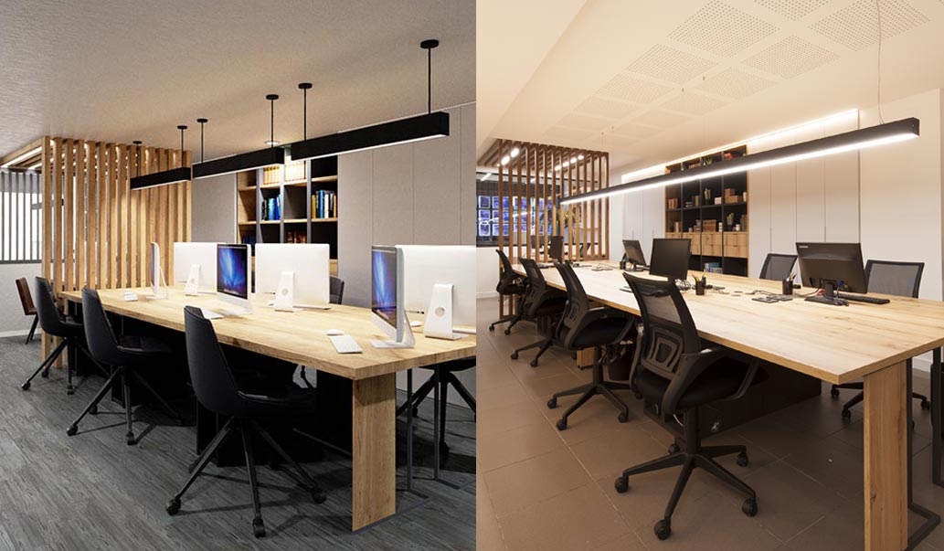 Render 3D comparación con la realidad. Zona trabajo oficina. Mesa con ordenadores.