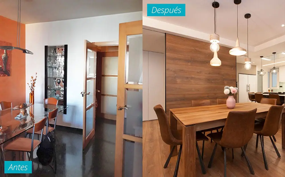 Comedor antes y después de un piso reformado en El Clot de Barcelona.