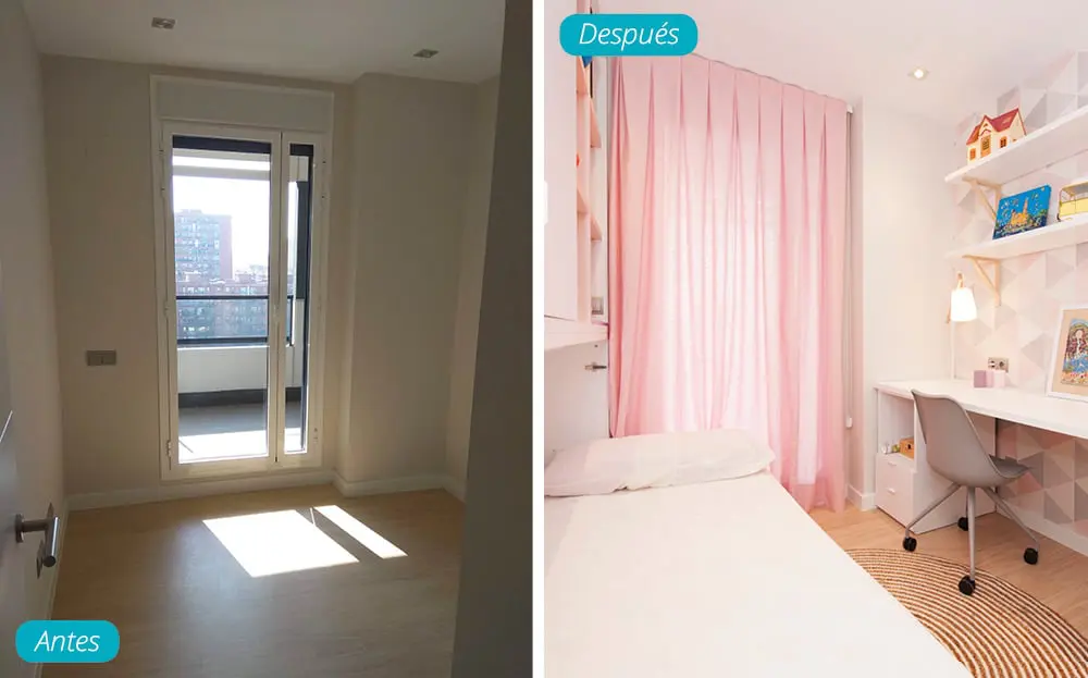 Antes y después dormitorio juvenil chica amueblado en piso obra nueva. Tonalidades rosas.