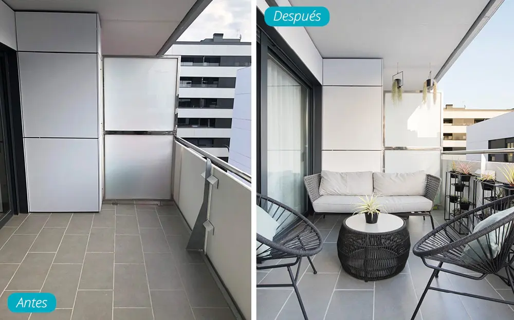 Antes y después terraza amueblada en un piso de obra nueva. Mobiliario Kave Home tono gris y negro.
