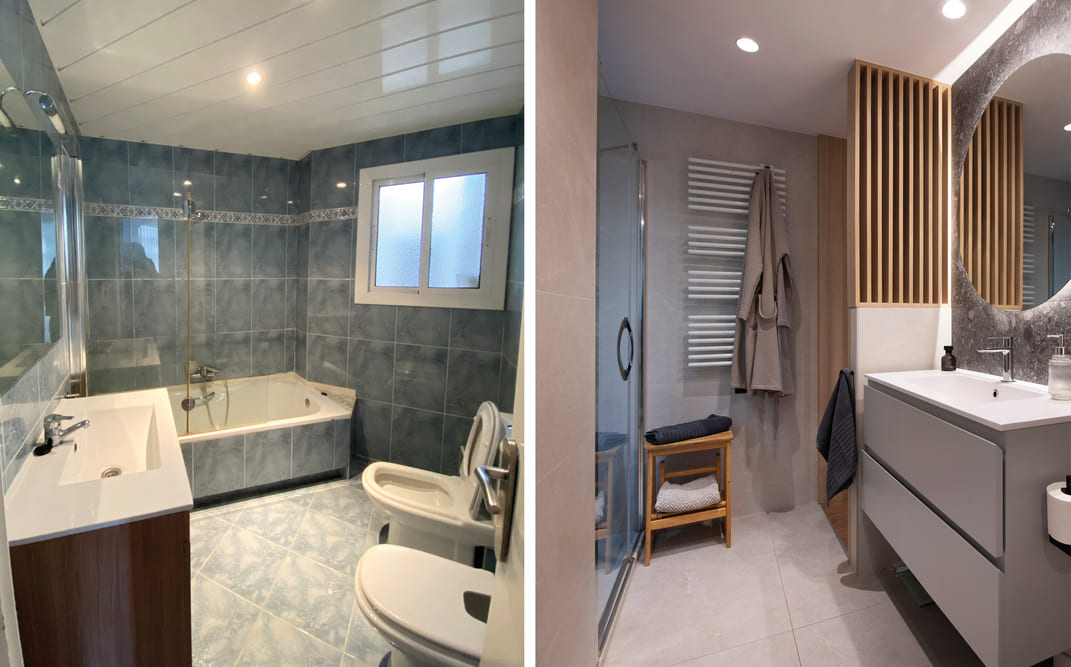 Antes y después reforma de baño con una estética más actual, nórdica y moderna. Piso en Barcelona.