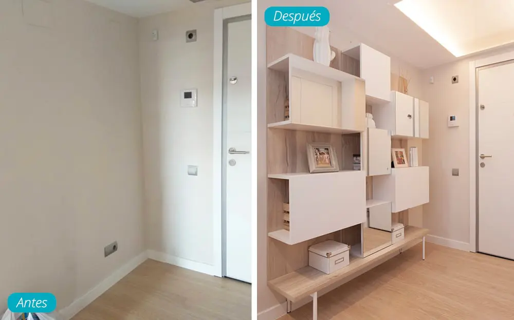 Antes y después mueble recibidor piso obra nueva en Barcelona
