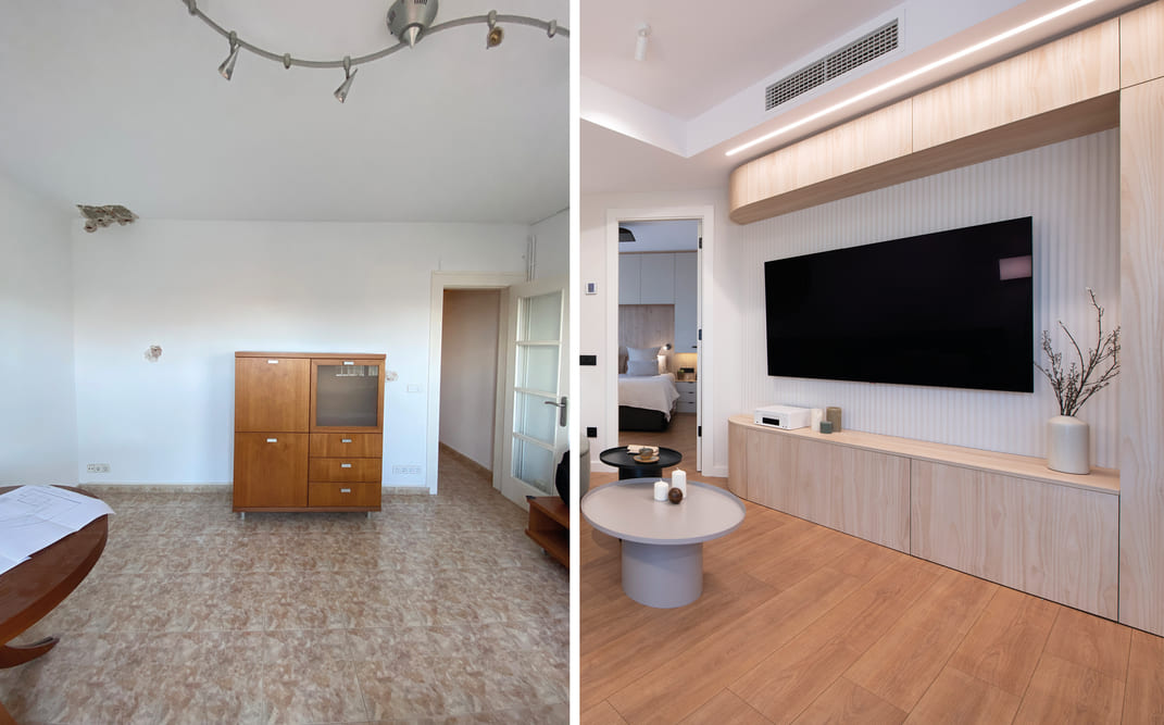 Antes y después zona del televisor en una reforma de piso.
