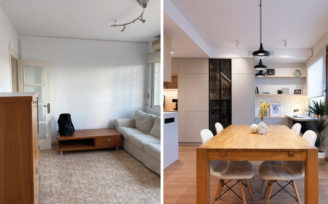 Antes y después espacio de comedor y despacho en la zona de día