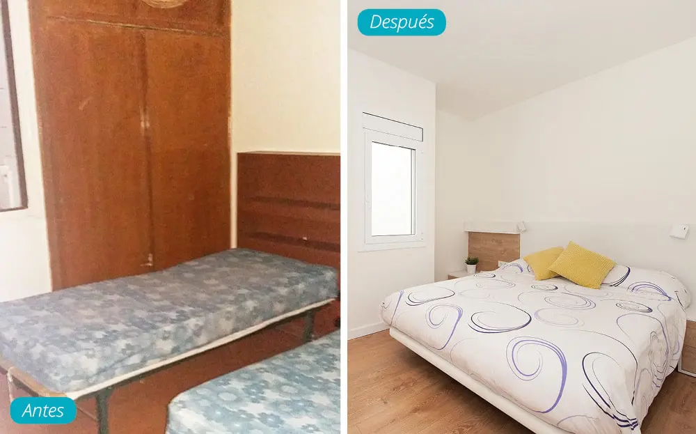 Antes y después dormitorio con cama doble.