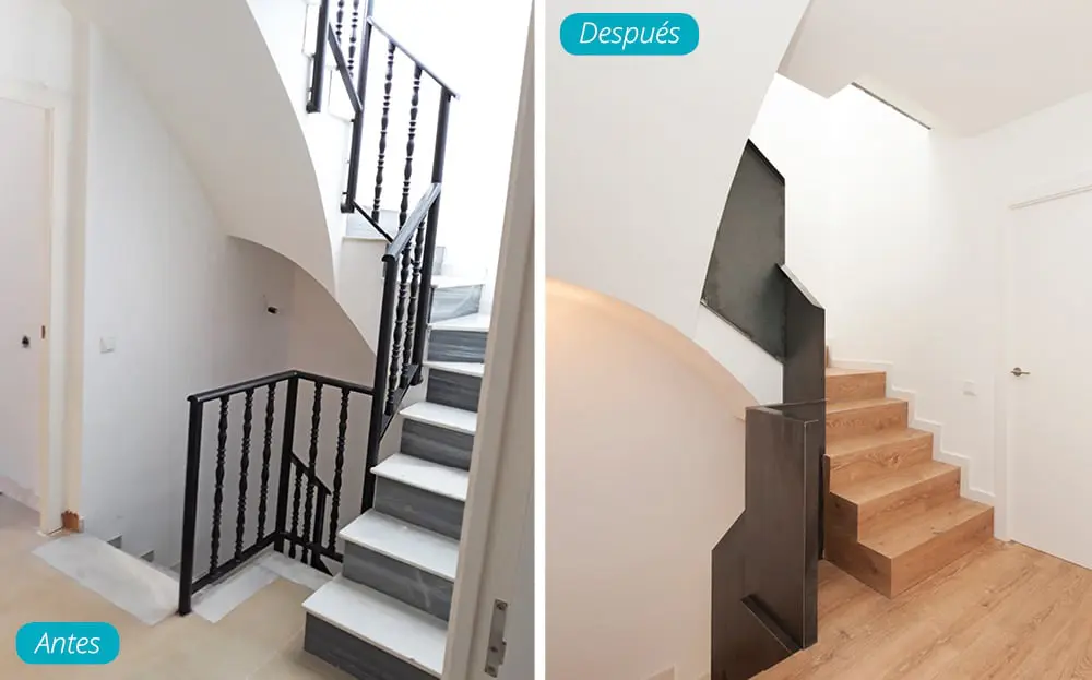 Antes y después escalera reformada en madera y hierro tramo arriba casa