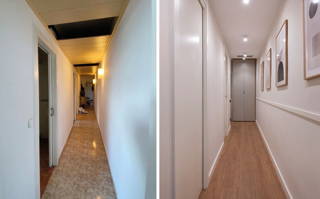 Antes y después pasillo con armario en el fondo. Reforma de piso en Barcelona.