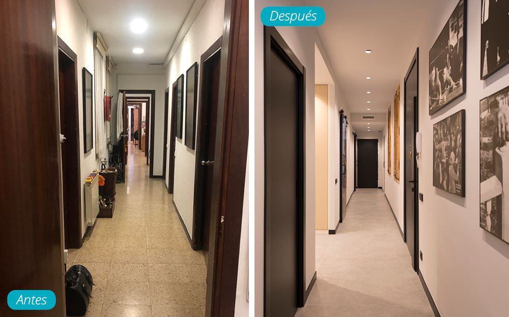 Antes y después pasillo largo de una vivienda reformada