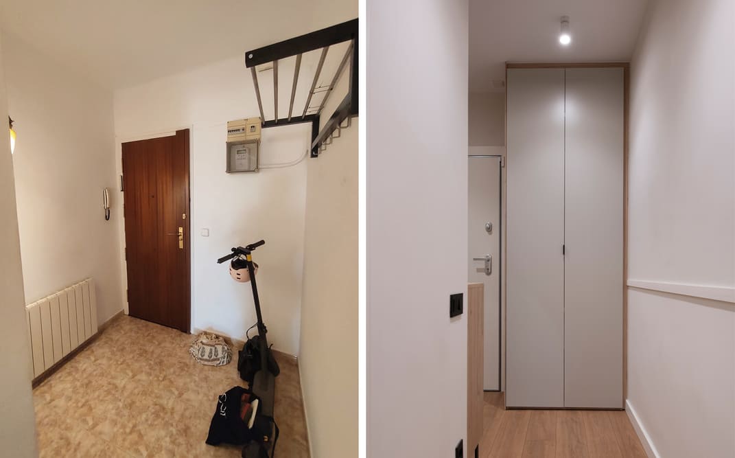 Antes y después entrada vivienda. Con la reforma se ha añadido más espacio de almacenamiento con un armario.