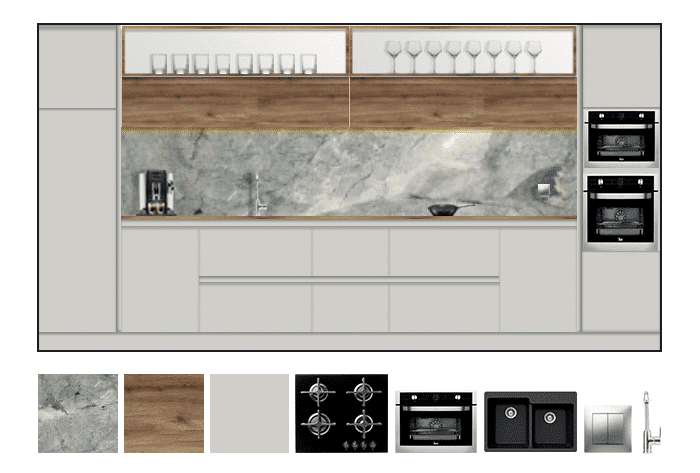 Composición alzado, mobiliario y equipamientos de cocina. Diseño de interiores Sincro.
