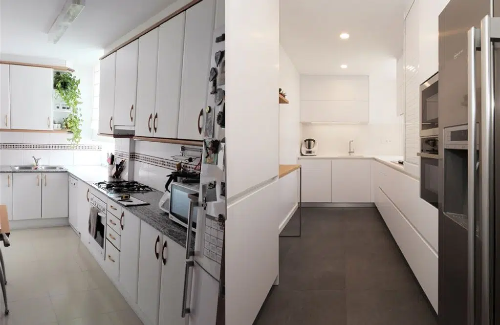 Abans i després cuina minimalista moderna de color blanc. Sincro Barcelona