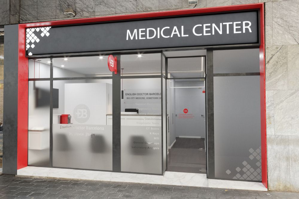 Render 3d diseño fachada entrada centro médico