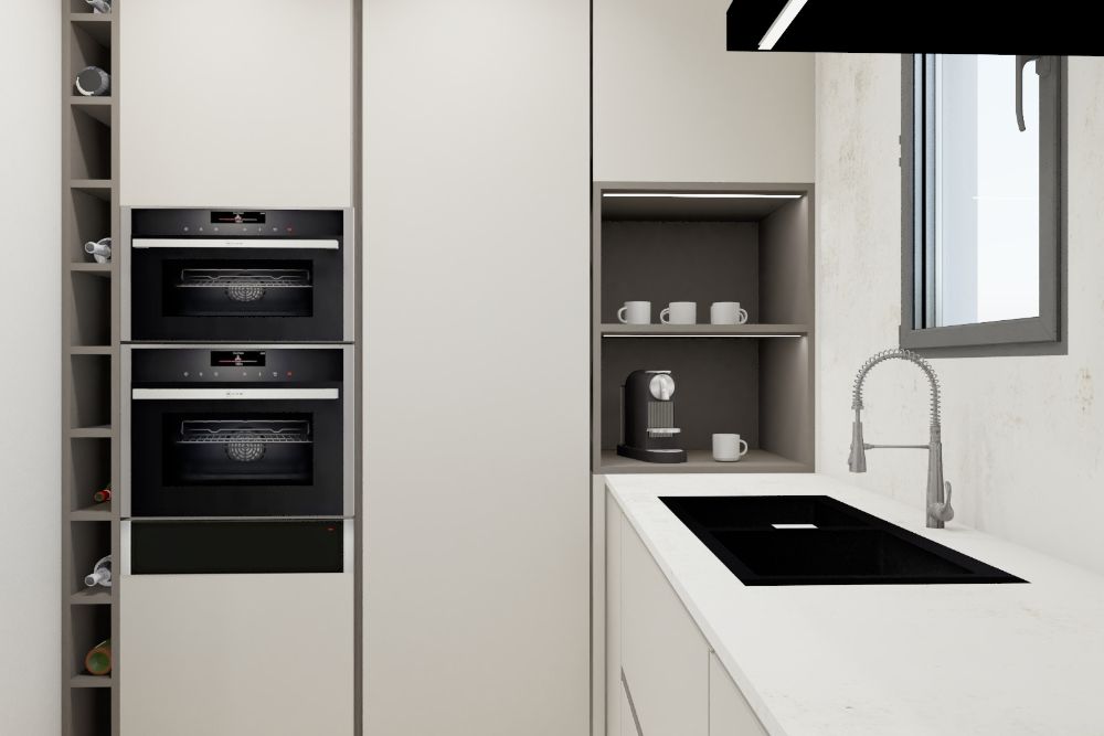 3D renders armarios columna cocina. Con hueco café y elecrodomésticos. Sincro