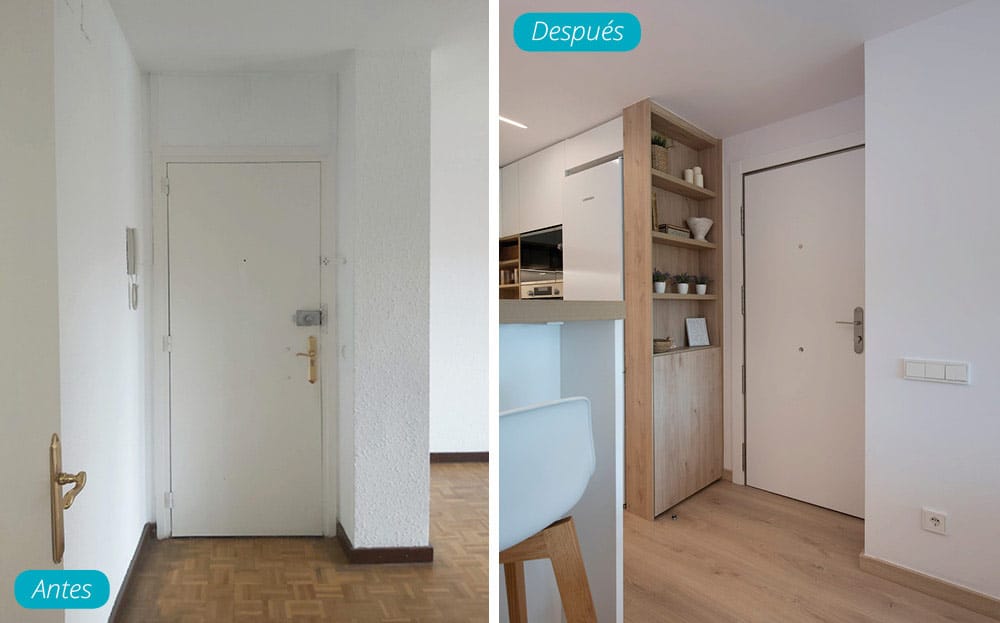 Antes y después pequeño recibidor. Entrada piso reforma en Barcelona.