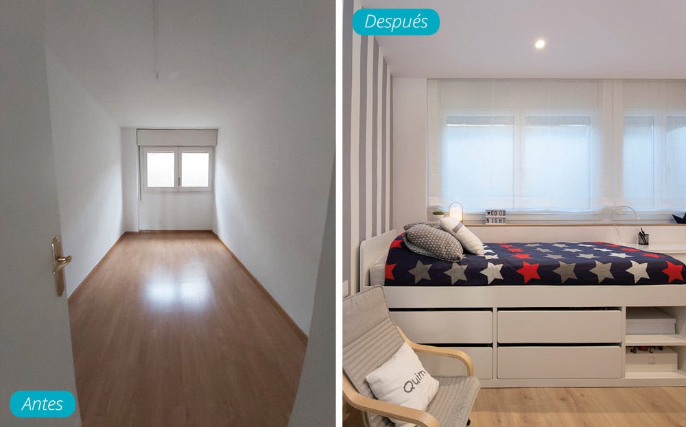Antes y después dormitorio juvenil en blanco y madera