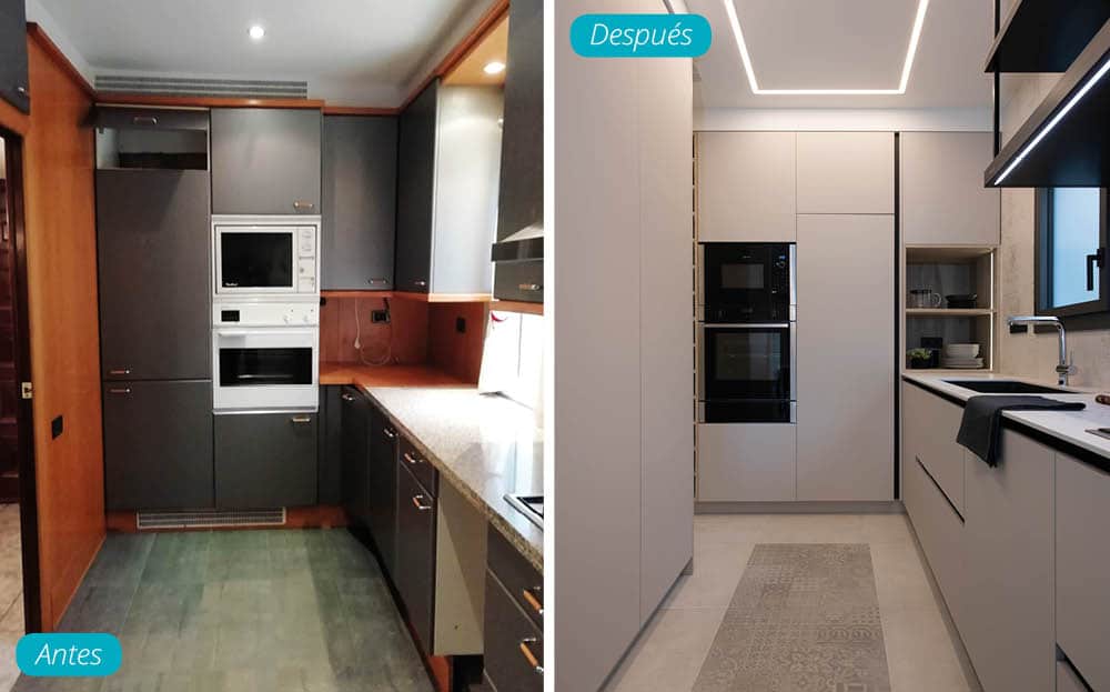 Antes y después cambio de mueble cocina columna con electrodomésticos en un piso de Barcelona