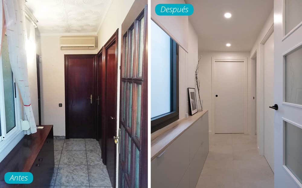 Antes y después reforma pasillo con puertas, suelos, muebles y pintura de tonalidades neutras.