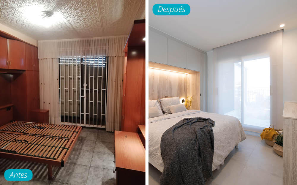 Antes y después dormitorio principal de oscuro a nórdico con muebles en acabado gris suave. Barcelona