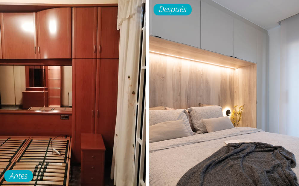 Antes y después mueble armario cabecero cama dormitorio. Paseo de la Zona Franca en Barcelona