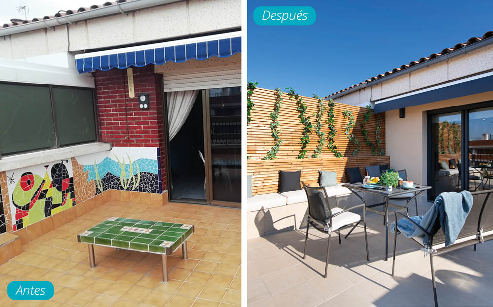Antes y después de la terraza de un ático en Barcelona. Con banco y jardín vertical.