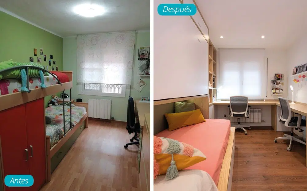 Antes y después dormitorio juvenil doble zona de escritorios