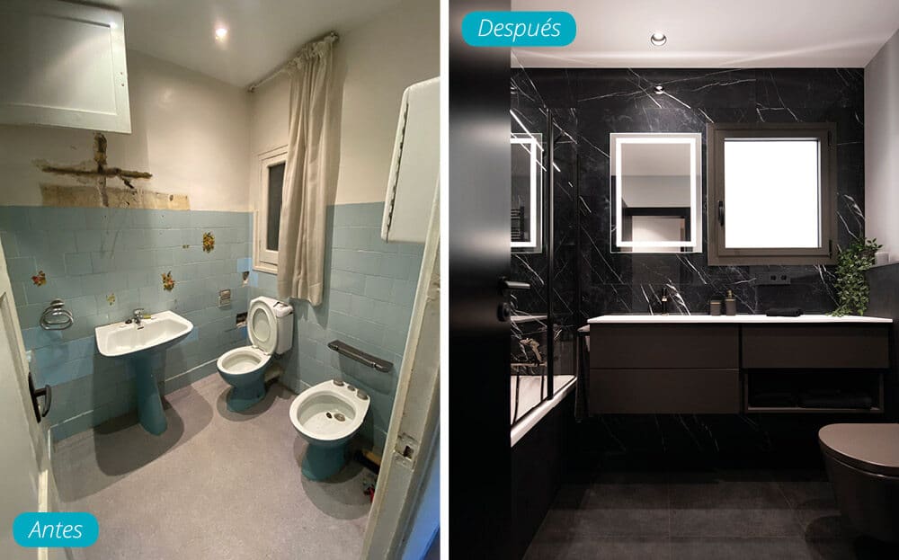 Antes y después baño antiguo a uno moderno color negro. Reforma integral en Barcelona