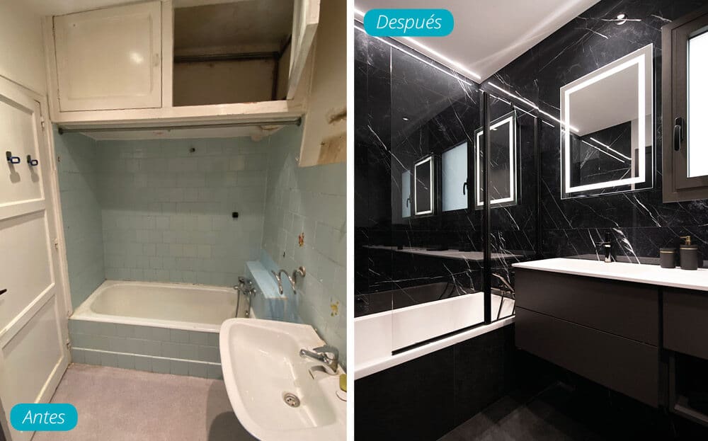 Antes y después baño antiguo a uno moderno color negro. Bañera y lavabo. Reforma integral en Barcelona