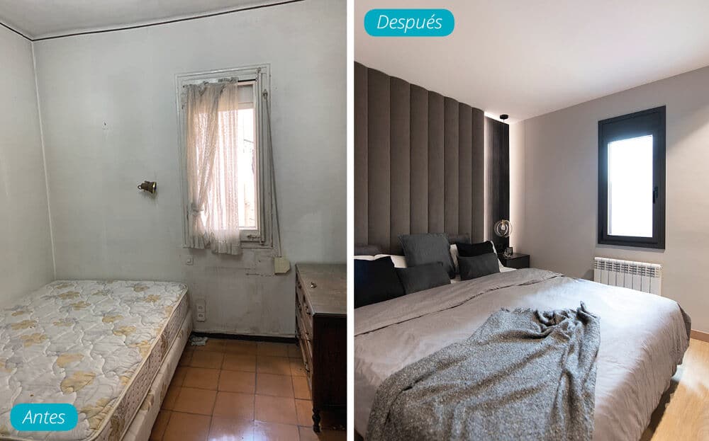 Antes y después dormitorio principal en reforma integral piso en Barcelona.