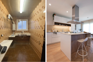 Antes y después proyecto de reforma Urgell en Barcelona. Cocina