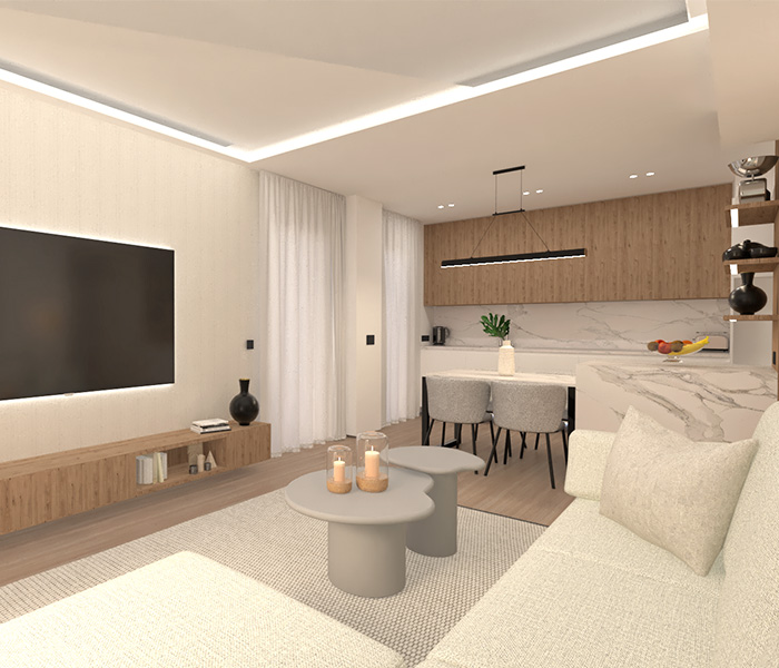 Render 3D del proyecto de decoración en un piso de obra nueva en Barcelona.
