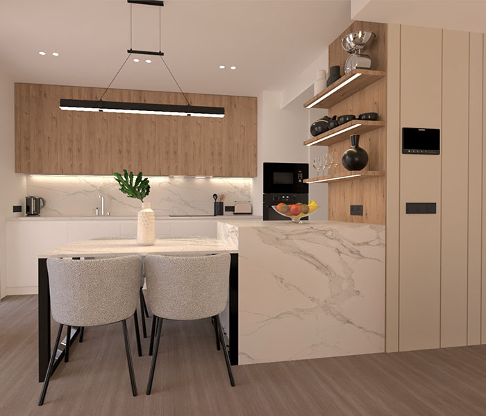 Render 3D comedor cocina para transformar un piso de obra nueva