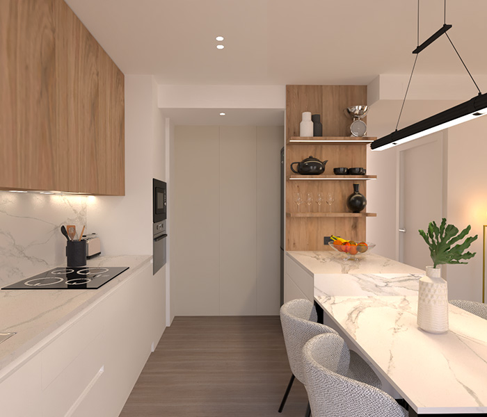 3D proyecto de mobiliario en cocina comedor en un piso de nueva construcción.