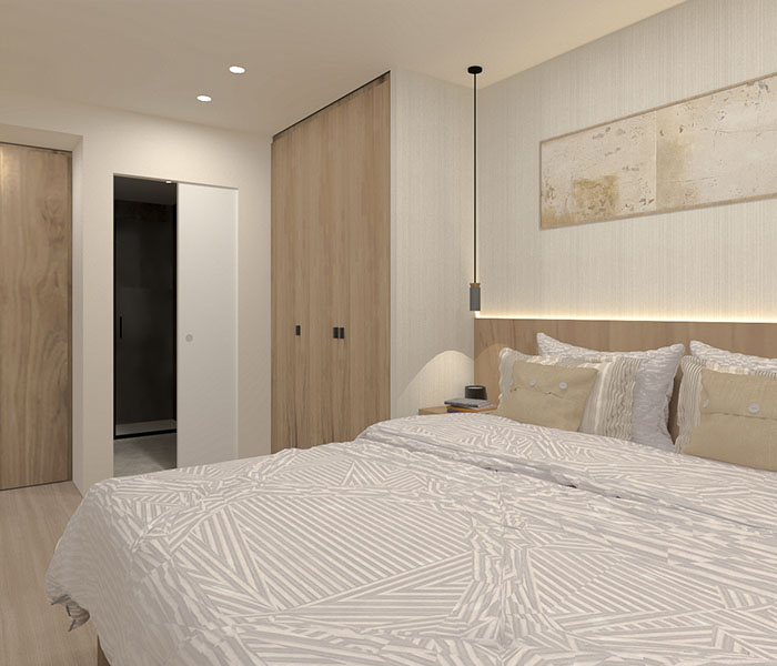 Render 3D para amueblar y decorar un dormitorio suite en un piso de obra nueva en Barcelona.