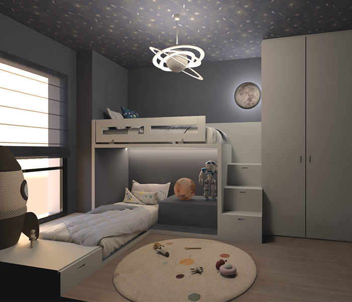 3D Render de una habitación infantil con temática universo y astronauta para piso de obra nueva.