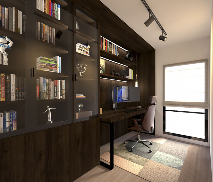 Render 3D despacho para un piso de obra nueva en Barcelona. Proyecto de mobiliario y decoración.