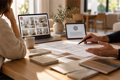 Estudio interiorismo con clientes mostrando referencias de ChatGPT, Pinterest, etc.