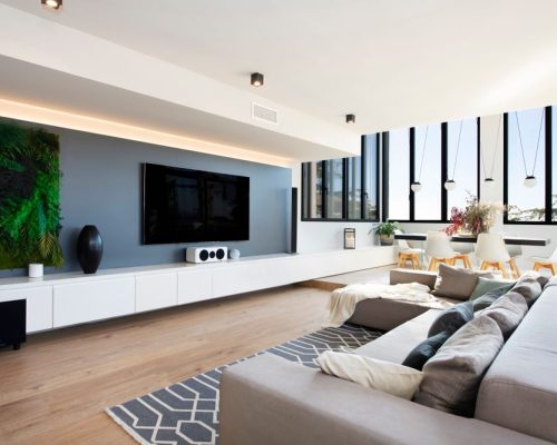 Mueble de TV grande y alargado con panel de melamina en la pared del televisor y con un jardín vertical