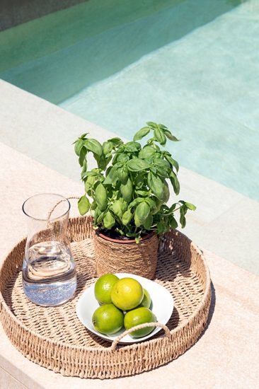 Azafata circular para llevar agua y picoteo en la piscina terraza