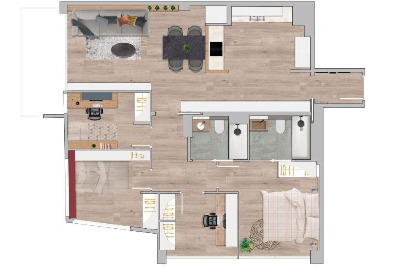 Plano distribución mobiliario piso de obra nueva en Hospitalet de Llobregat (Sincro)